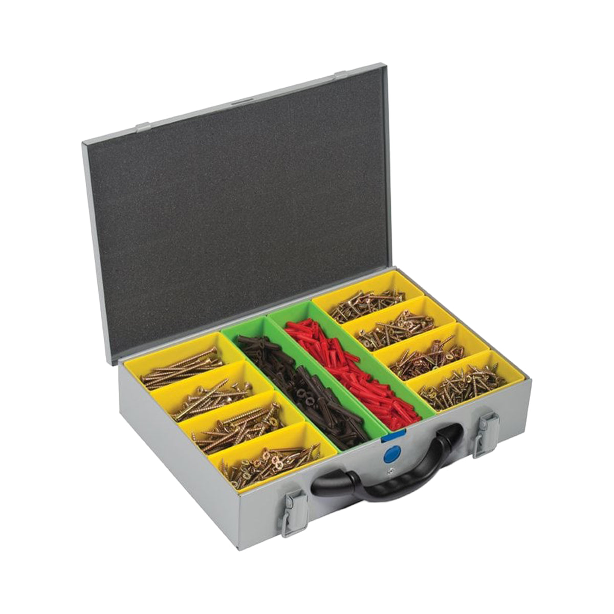 Sortacase 10 Compartment Assortment Kit, silver steel organiser case shown open with yellow, red and green compartments filled with screws.