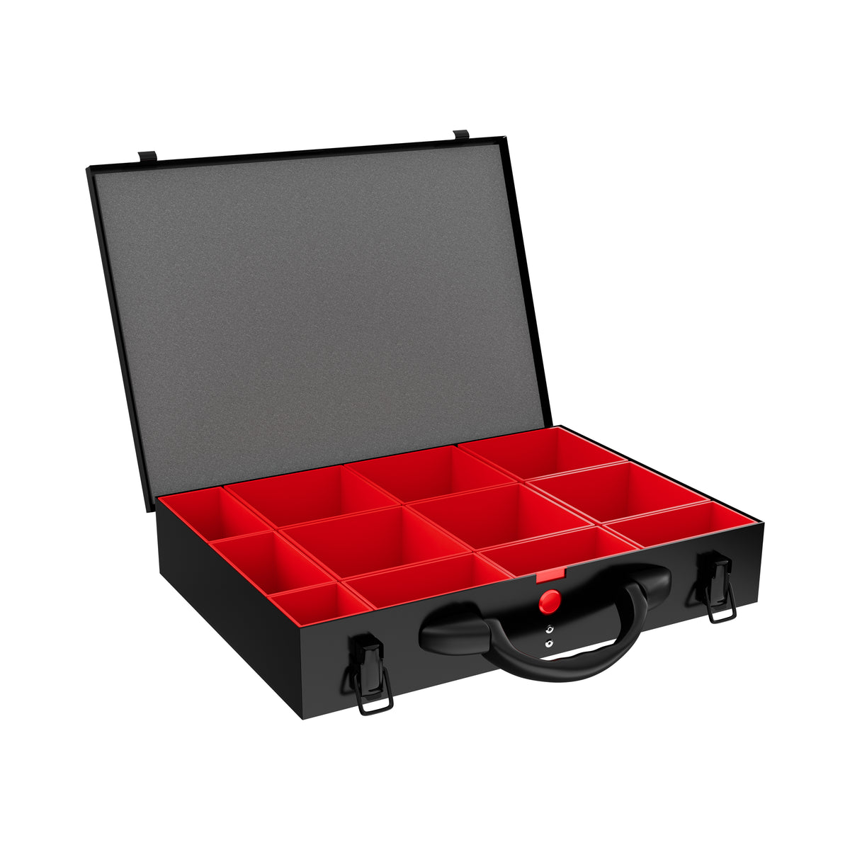 Sortacase Medium Black Case, 63mm deep black steel organiser case shown open with 12 removable red British-made compartments.