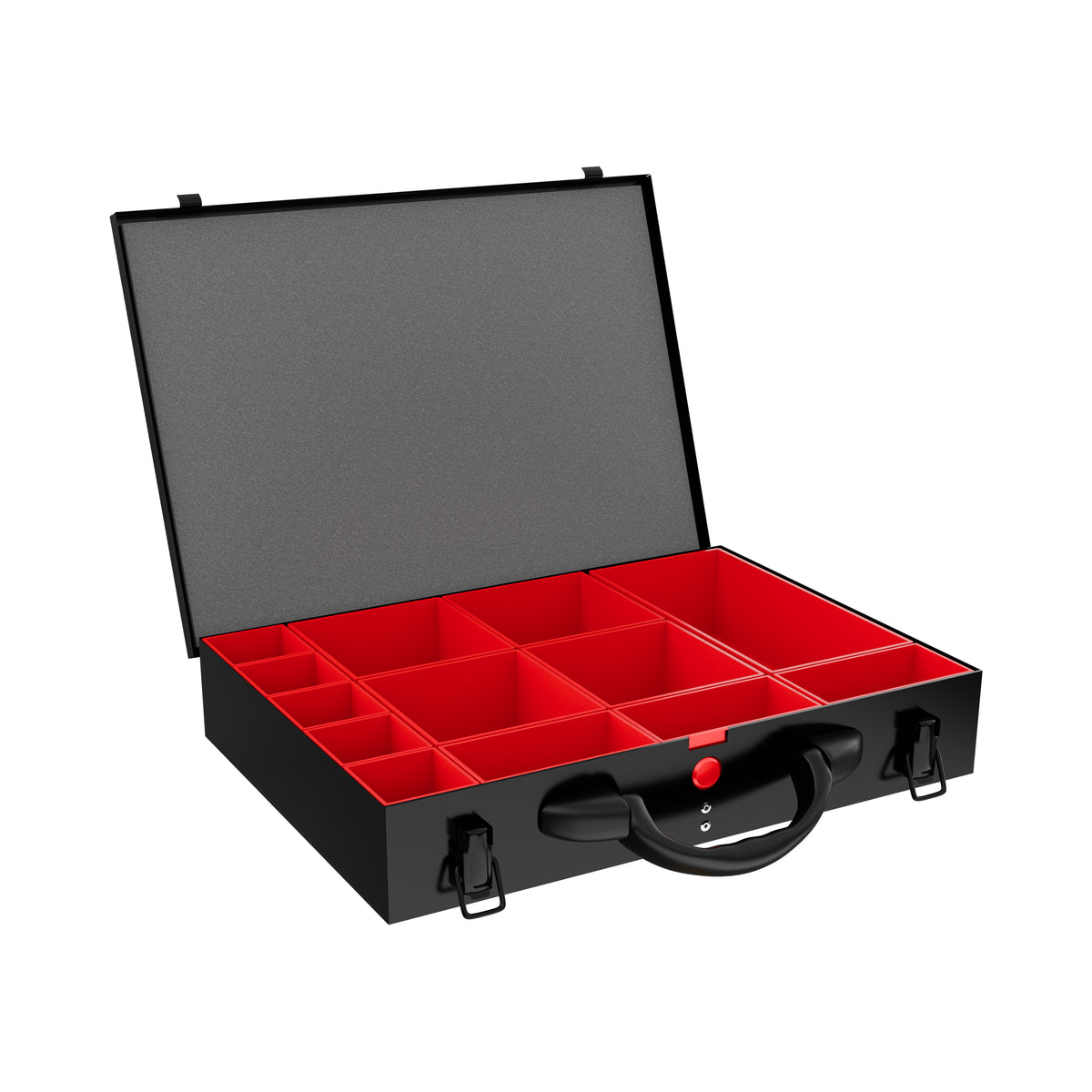 Sortacase Medium Black Case, 63mm deep black steel organiser case shown open with 13 removable red British-made compartments.