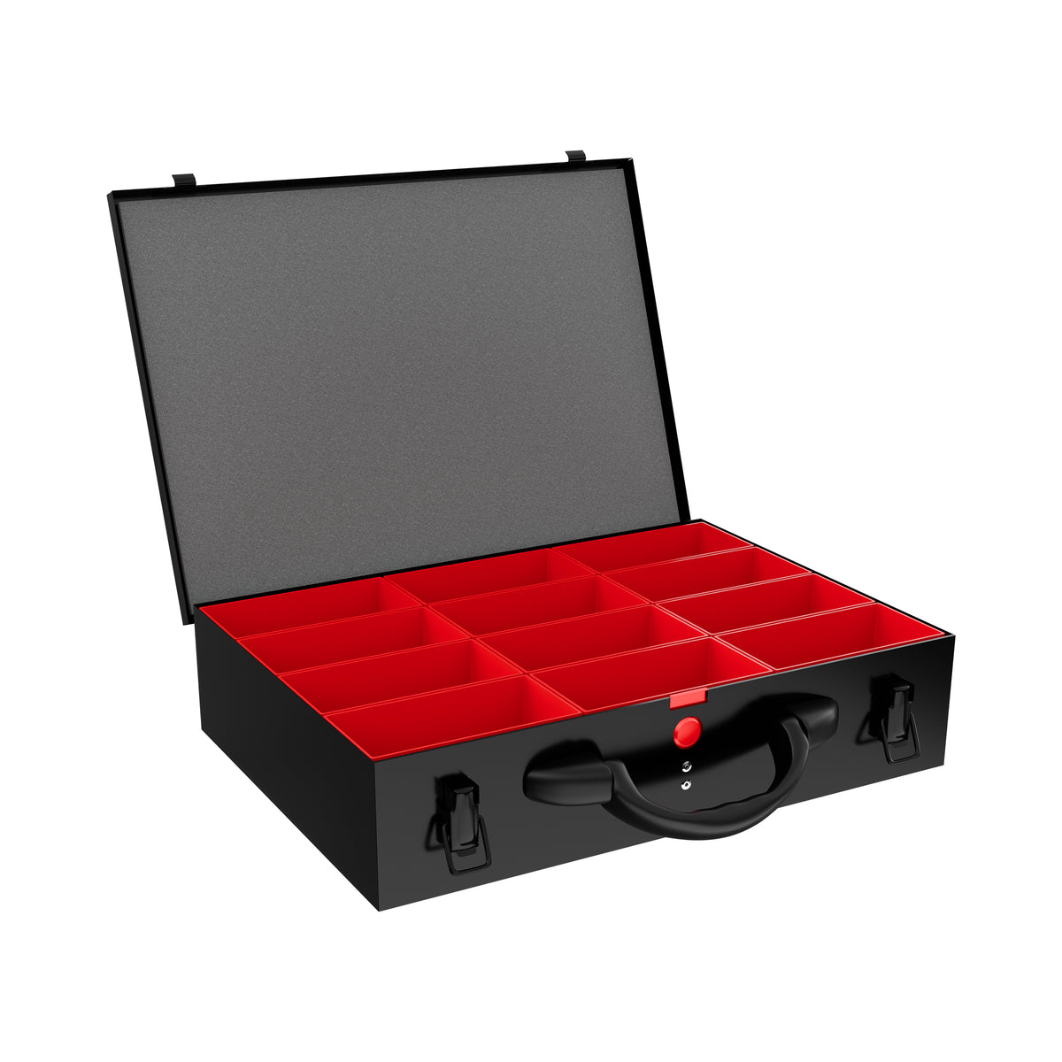 Sortacase Medium Black Case, 82mm deep black steel organiser case shown open with 12 removable red British-made compartments.