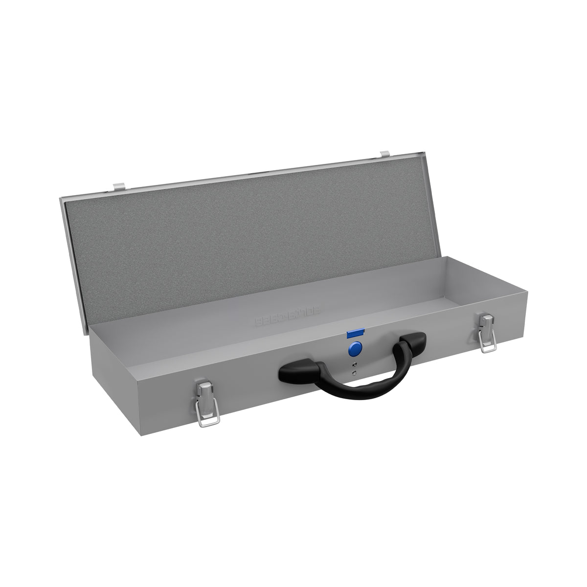 Sortacase Benchbox, long silver steel bench organiser case shown open and empty, ready for British-made 63mm compartments.