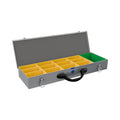 Sortacase Benchbox, long silver steel bench organiser case shown open with 13 removable yellow and green compartments.