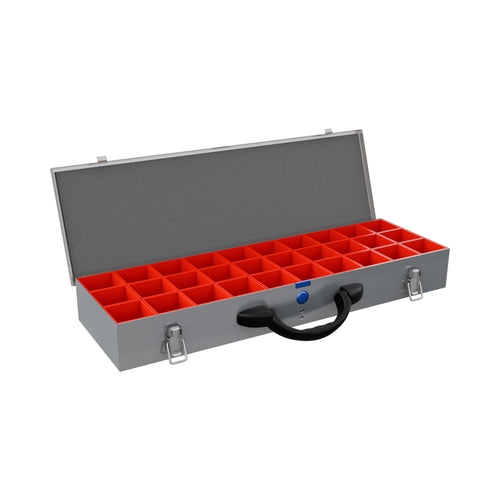 Sortacase Benchbox, long silver steel bench organiser case shown open with 30 removable red compartments.
