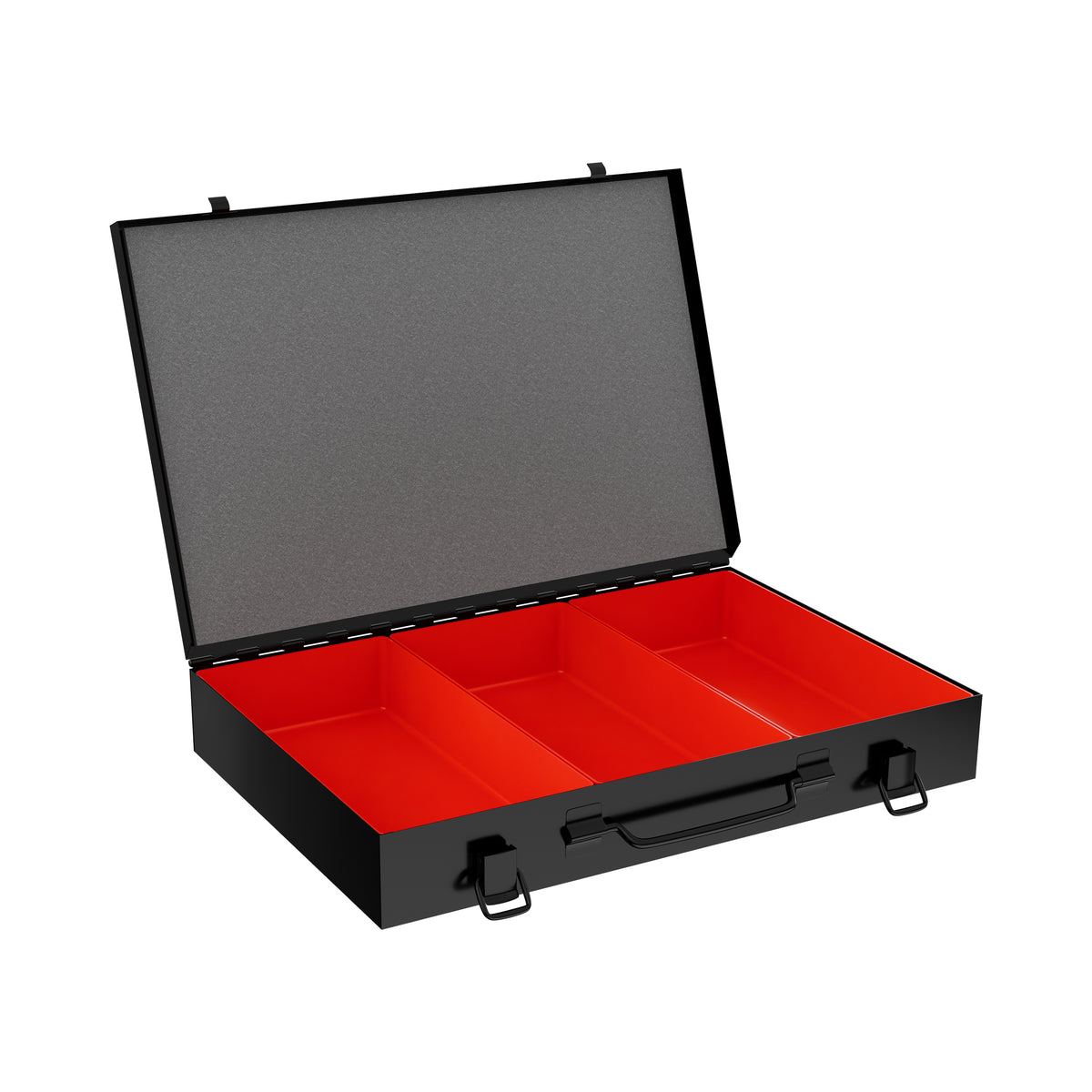 Sortacase Small Essential Black Case, 45mm deep black steel organiser case shown open with 3 large removable red compartments.