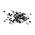 A pile of small round push-in screw caps in black and white, scattered on a white background.