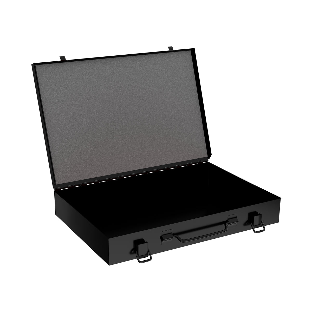 Sortacase Small Essential Black Case shown open and empty, a 45mm deep black steel organiser case with a flush carry handle.