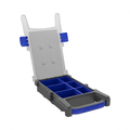 A gray and blue plastic storage organiser case with a hinged clear top panel featuring six British made plastic compartments, shown open on a plain white background.