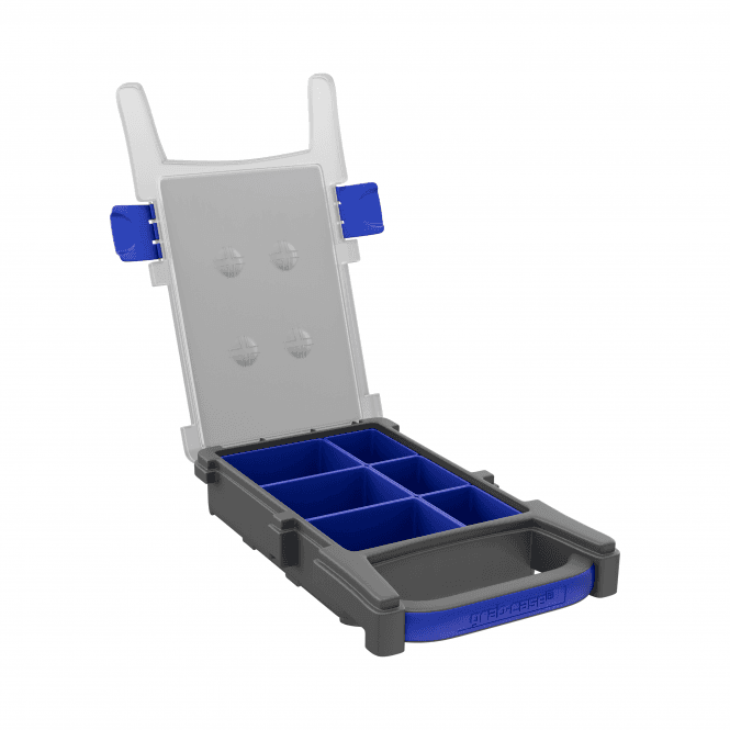 A gray and blue plastic storage organiser case with a hinged clear top panel featuring six British made plastic compartments, shown open on a plain white background.