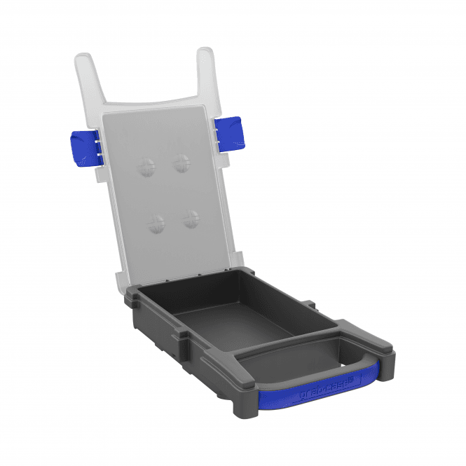 A gray and blue plastic storage organiser case with a hinged clear top panel, shown open on a plain white background.