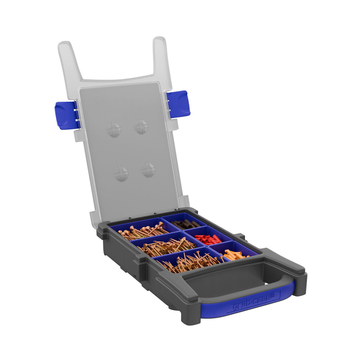 Sortacase 6 Compartment Assortment Kit in a grey and blue Grabcase, shown open with six compartments of screws and an upright carry handle.