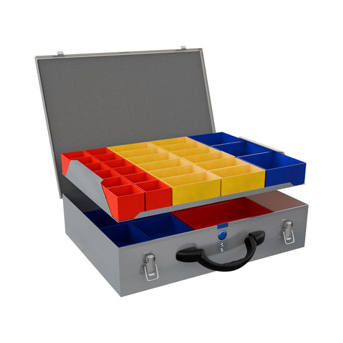 Sortacase Grand Double Silver Case, silver steel case shown open with a lift-out top tray of red, yellow and blue compartments over a second blue-lined layer.