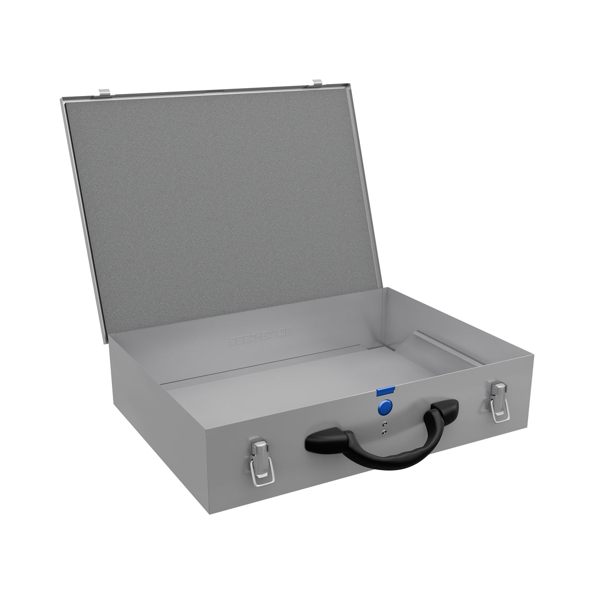 Sortacase Grand Double Silver Case shown open and empty, a two-layer 2x63mm silver steel organiser case.