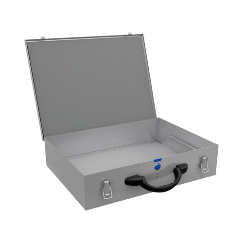 Sortacase Grand Double Silver Case shown open and empty, a two-layer 2x63mm silver steel organiser case.