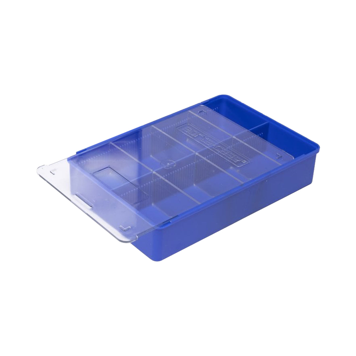 Sortacase Handi Pak, blue plastic parts tray with a clear hinged lid and removable dividers.