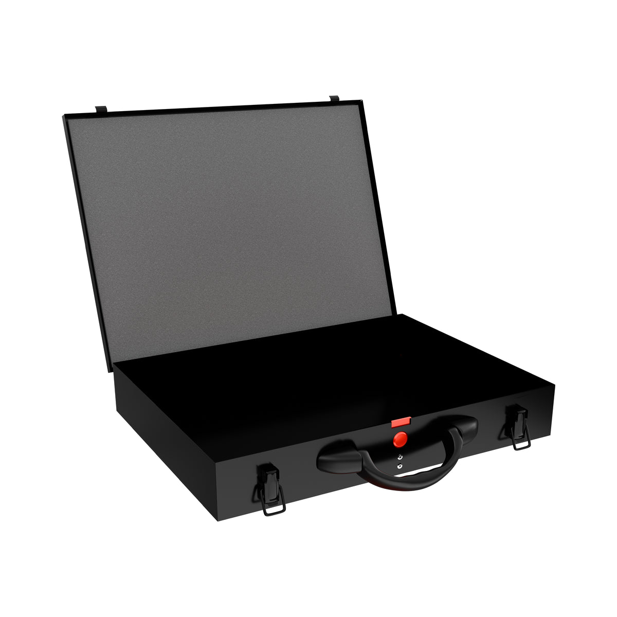 Sortacase Large Black Case shown open and empty, a 63mm deep black steel organiser case with a red-button carry handle.