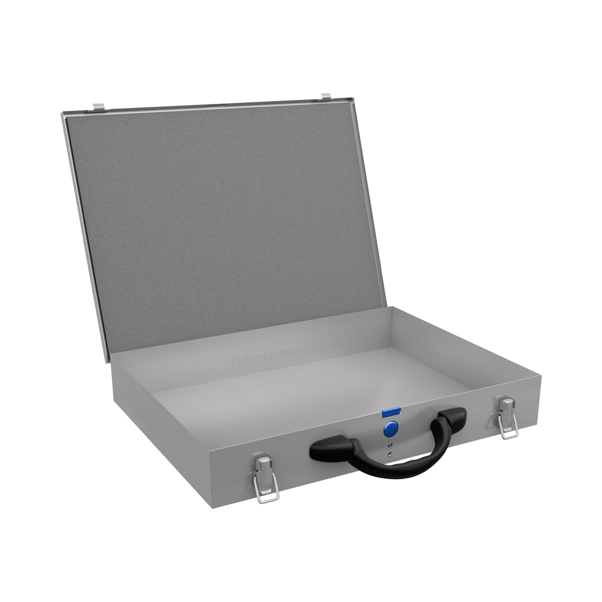 A gray steel briefcase-style organiser case shown open on a plain white background, with a black handle, silver latches, and a small blue button on the front.