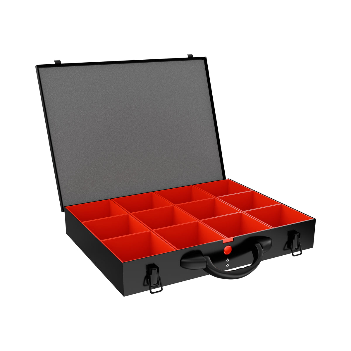 An open black steel carrying case with twelve British made red compartments inside, shown on a plain white background.