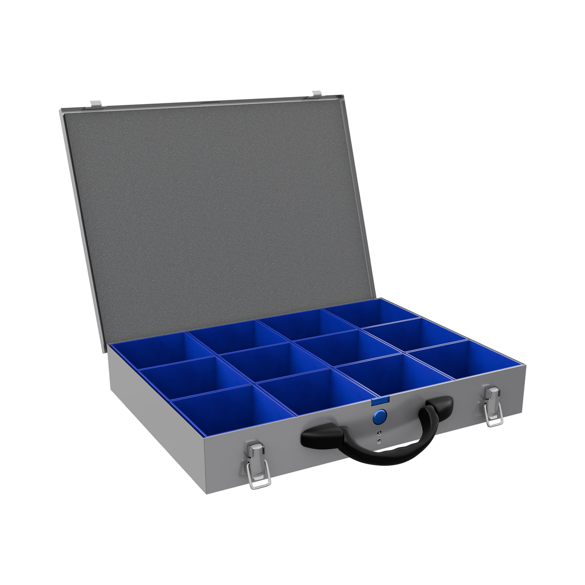 An open gray metal organiser case with a black handle and silver latches, featuring twelve bright blue British made plastic compartment inside, shown on a plain white background.