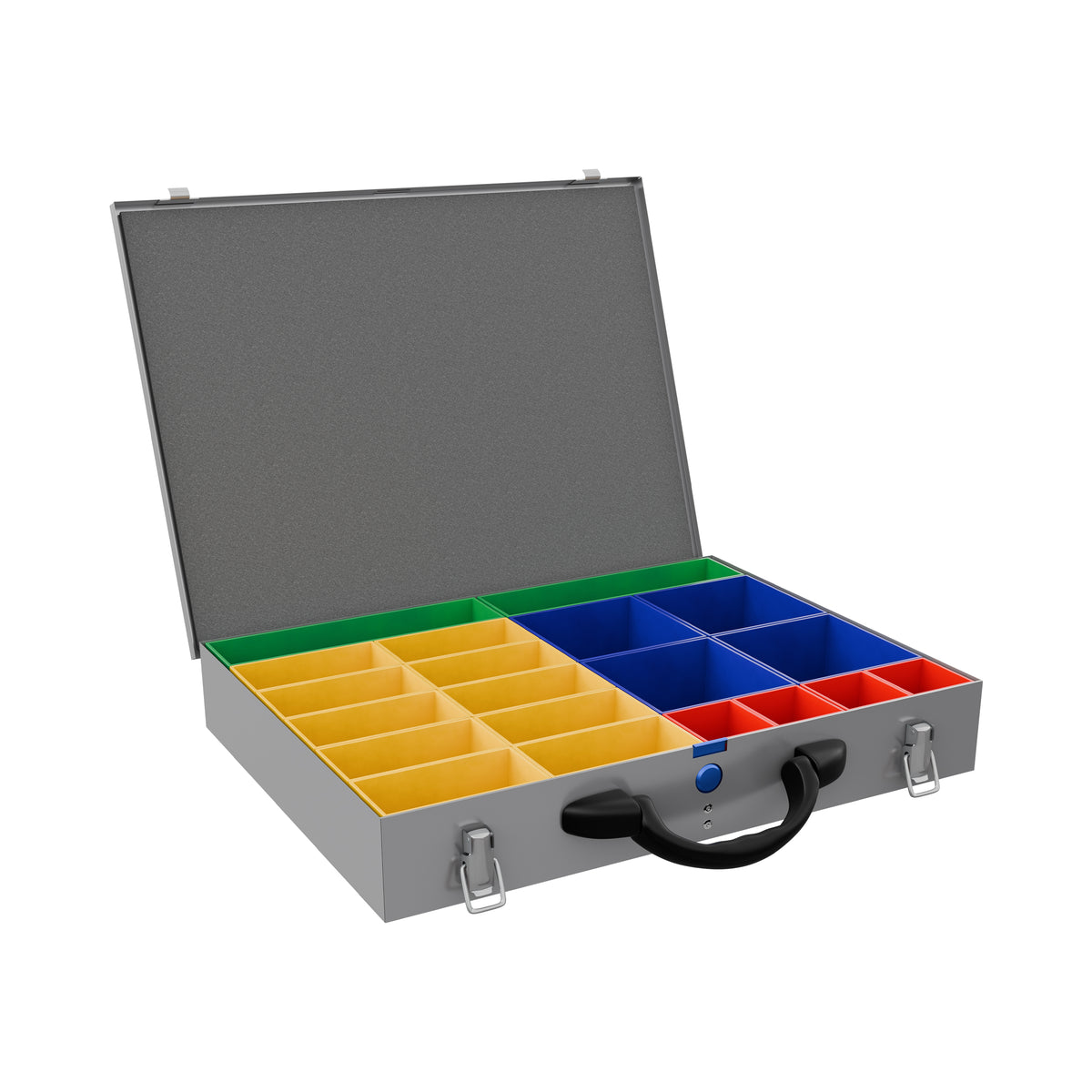 An open gray metal organiser case with a black handle and latches, containing twenty multiple coloured British made plastic compartments in yellow, green, blue, and red, shown on a white background.