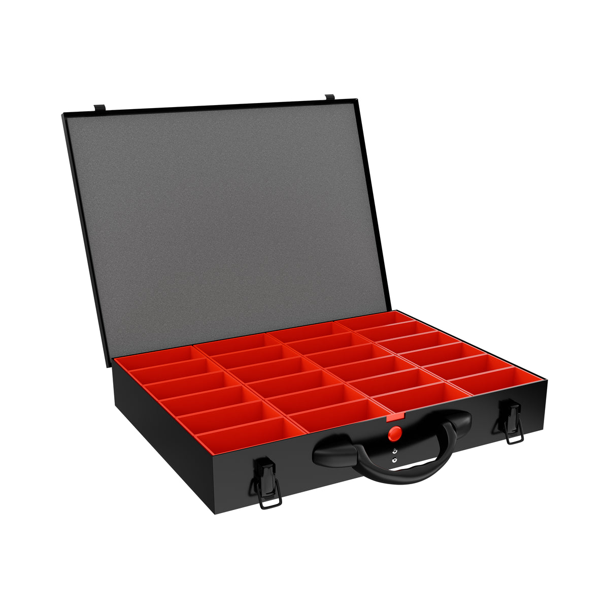 An open black steel carrying case with twenty-four red compartments inside, shown on a plain white background.