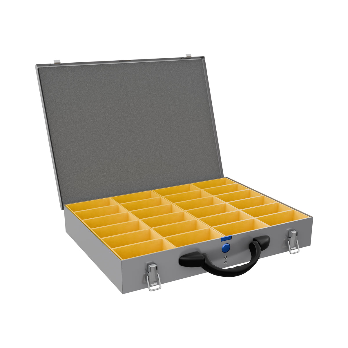 An open gray metal organiser case with a black handle and silver latches, showing twenty-four yellow British made compartments, on a white background.