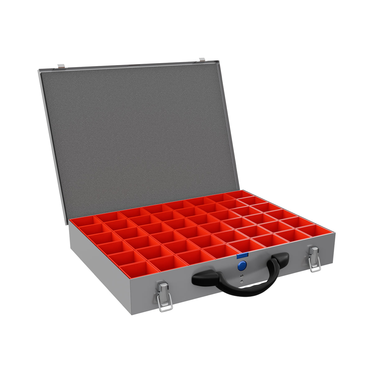 An open gray metal organiser case with a black handle and silver latches, showing red compartments inside, isolated on a white background.