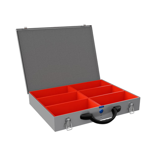 Gray metal organiser case with an open lid, showing six red British made plastic compartments and a black carrying handle, isolated on a white background.