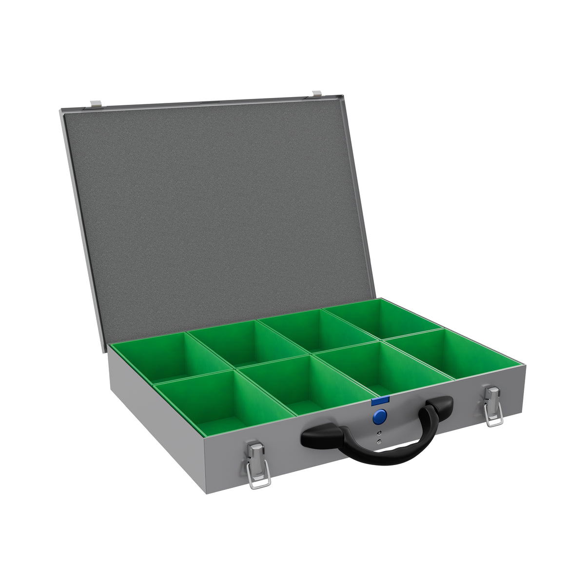 Gray steel organiser case with an open lid, featuring a eight green British made compartments inside and a black carrying handle, shown on a white background.