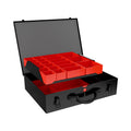 Sortacase Large Double Black Case, black steel case shown open with a lift-out top tray of red compartments over a second layer, 27 compartments in total.
