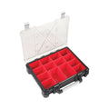 A plastic storage case with a clear top and a black base with bright red multi-compartment organiser insert, shown open on a white background.