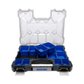 Sortacase organiser kit with a clear plastic hinged top, black base, blue storage bins, and silver metal latches on a white background.
