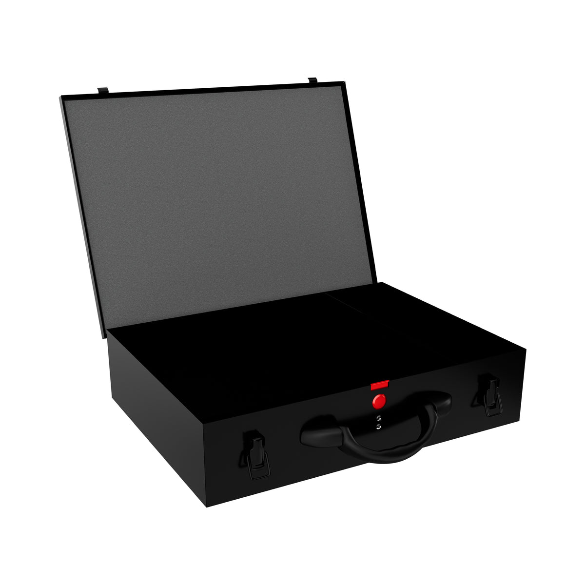 Sortacase Large Double Black Case shown open and empty, a two-layer 2x45mm black steel organiser case.