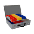 Sortacase Large Double Silver Case, silver steel case shown open with a lift-out top tray of red, yellow and blue compartments over a second layer, 27 in total.