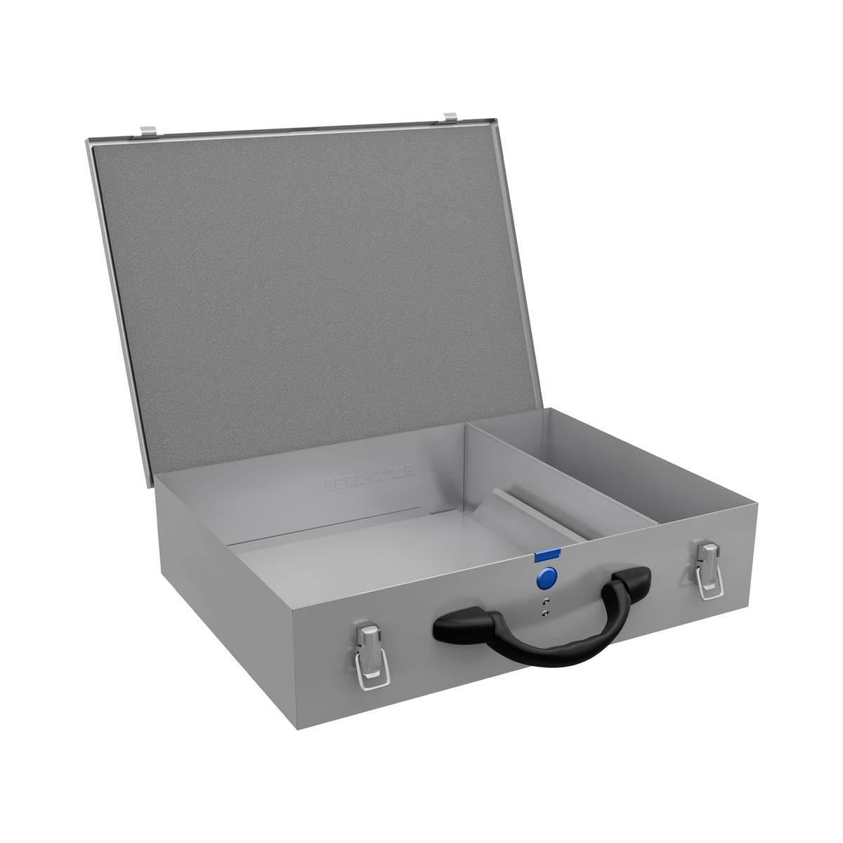 Sortacase Large Double Silver Case shown open and empty, a two-layer 2x45mm silver steel organiser case.