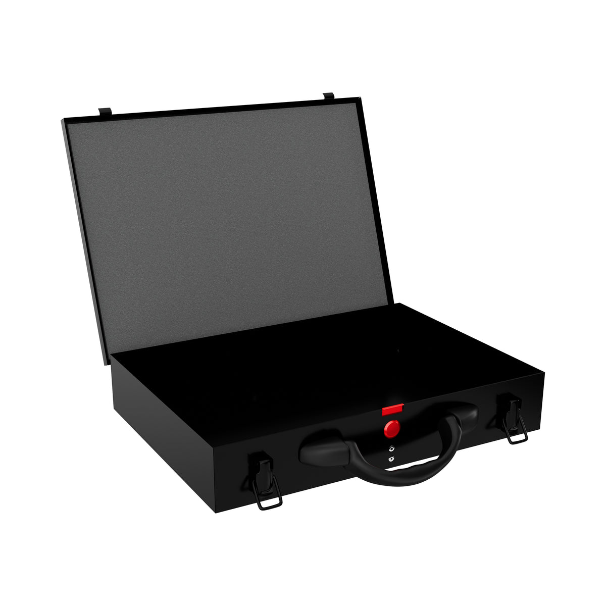 Sortacase Medium Black Case shown open and empty, a 63mm deep black steel organiser case with a red-button carry handle.