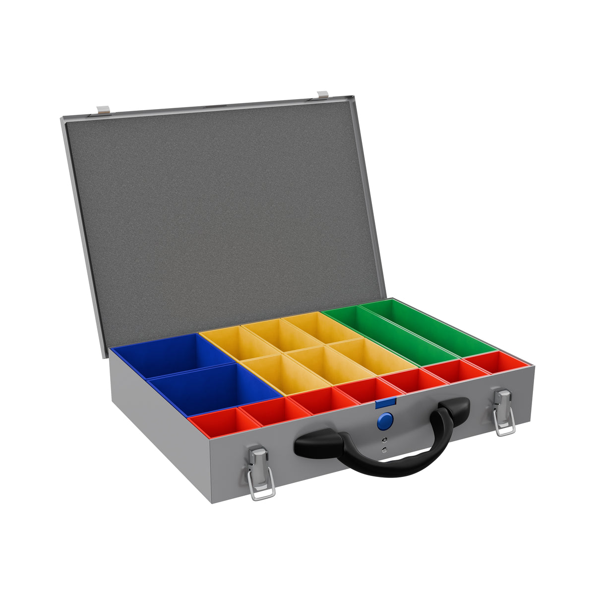 Sortacase Medium Silver Case, 63mm deep silver steel organiser case shown open with 17 removable blue, yellow, green and red compartments.