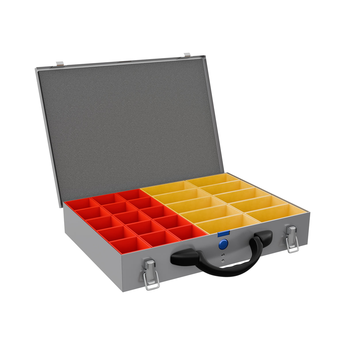 Sortacase Medium Silver Case, 63mm deep silver steel organiser case shown open with 25 removable red and yellow compartments.