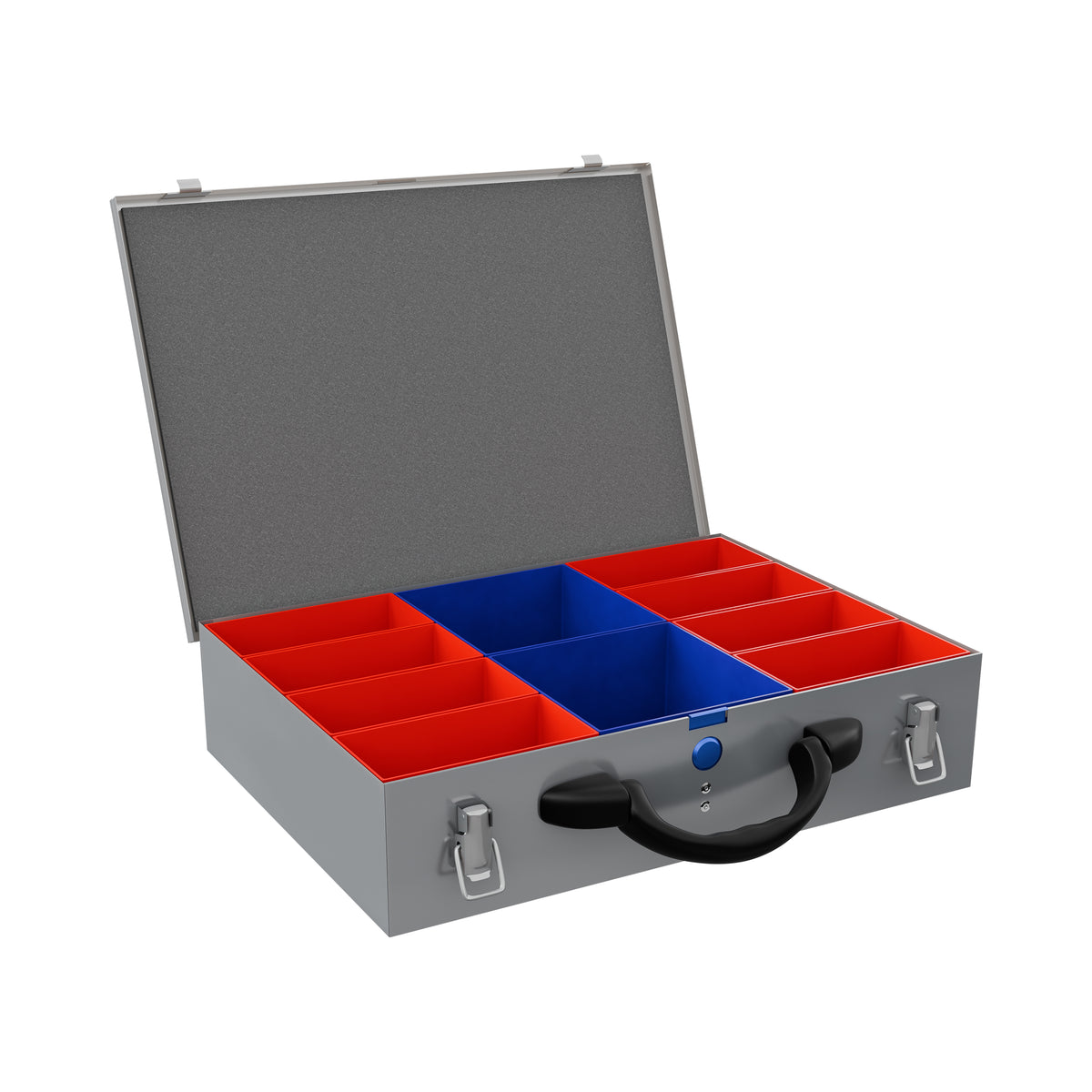 Sortacase Medium Silver Case, 82mm deep silver steel organiser case shown open with 10 removable red and blue compartments.