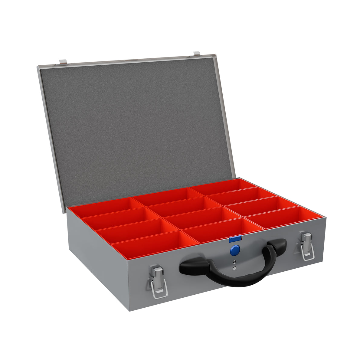 Sortacase Medium Silver Case, 82mm deep silver steel organiser case shown open with 12 removable red British-made compartments.
