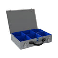 Sortacase Medium Silver Case, 82mm deep silver steel organiser case shown open with 6 large removable blue compartments.