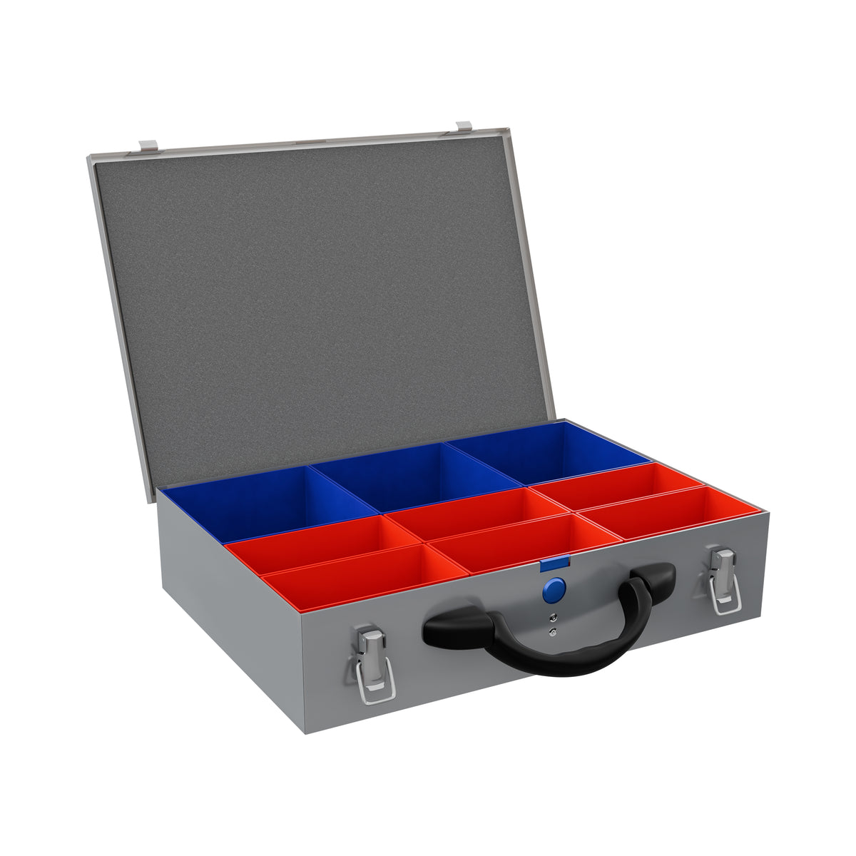 Sortacase Medium Silver Case, 82mm deep silver steel organiser case shown open with 9 removable blue and red compartments.
