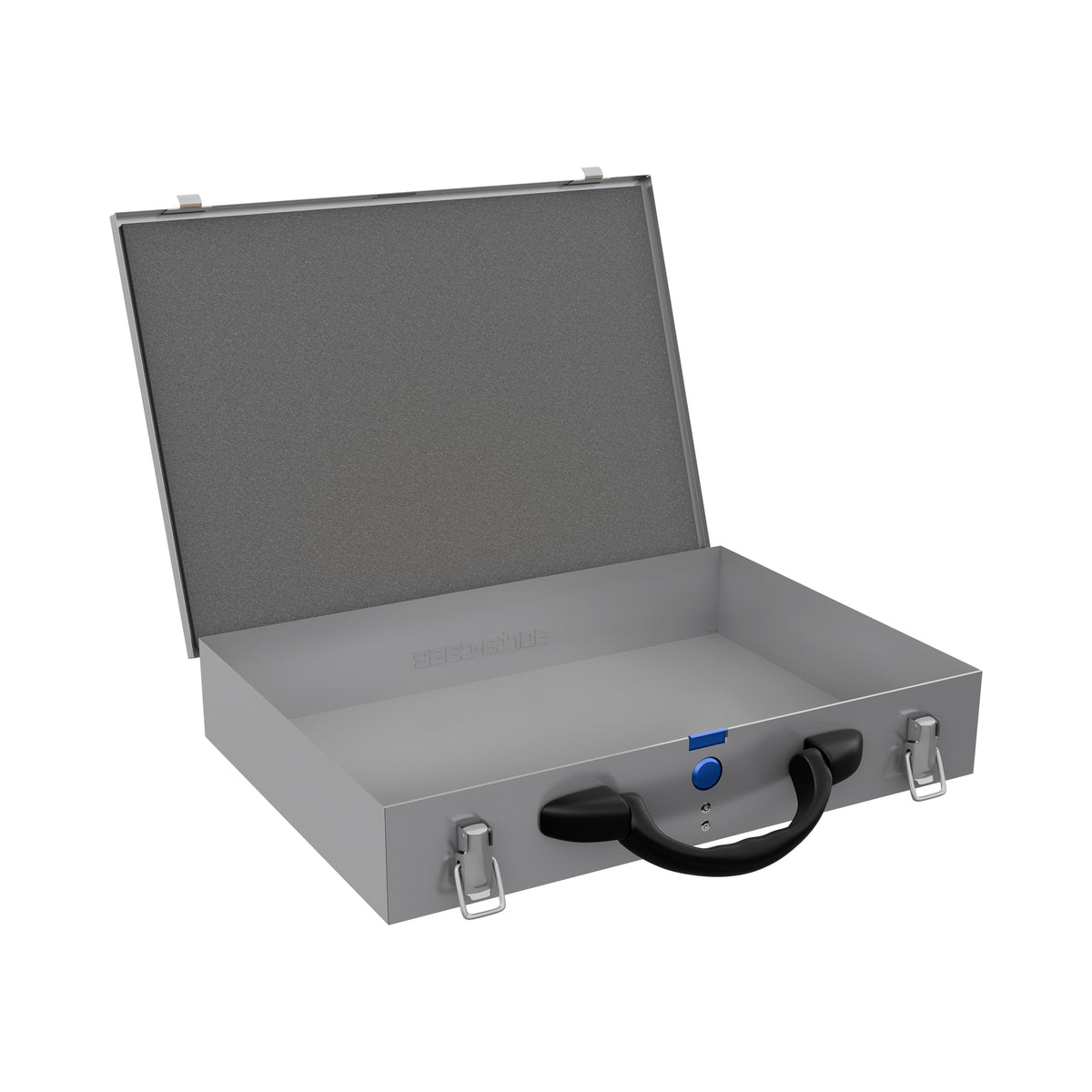 Sortacase Medium Silver Case shown open and empty, a 63mm deep silver steel organiser case with a blue-button carry handle.