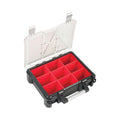 Sortacase Medium Chunky Plastic Case, black 96mm deep case with a clear hinged lid and 9 removable red compartments.