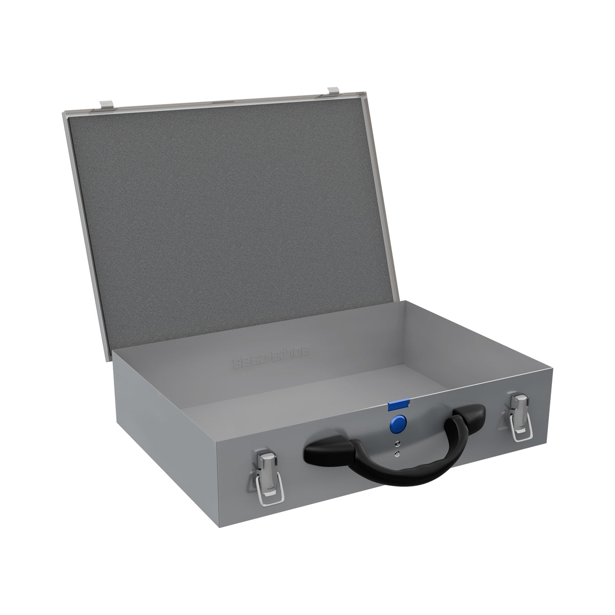 Sortacase Medium Silver Case shown open and empty, an 82mm deep silver steel organiser case with a blue-button carry handle.