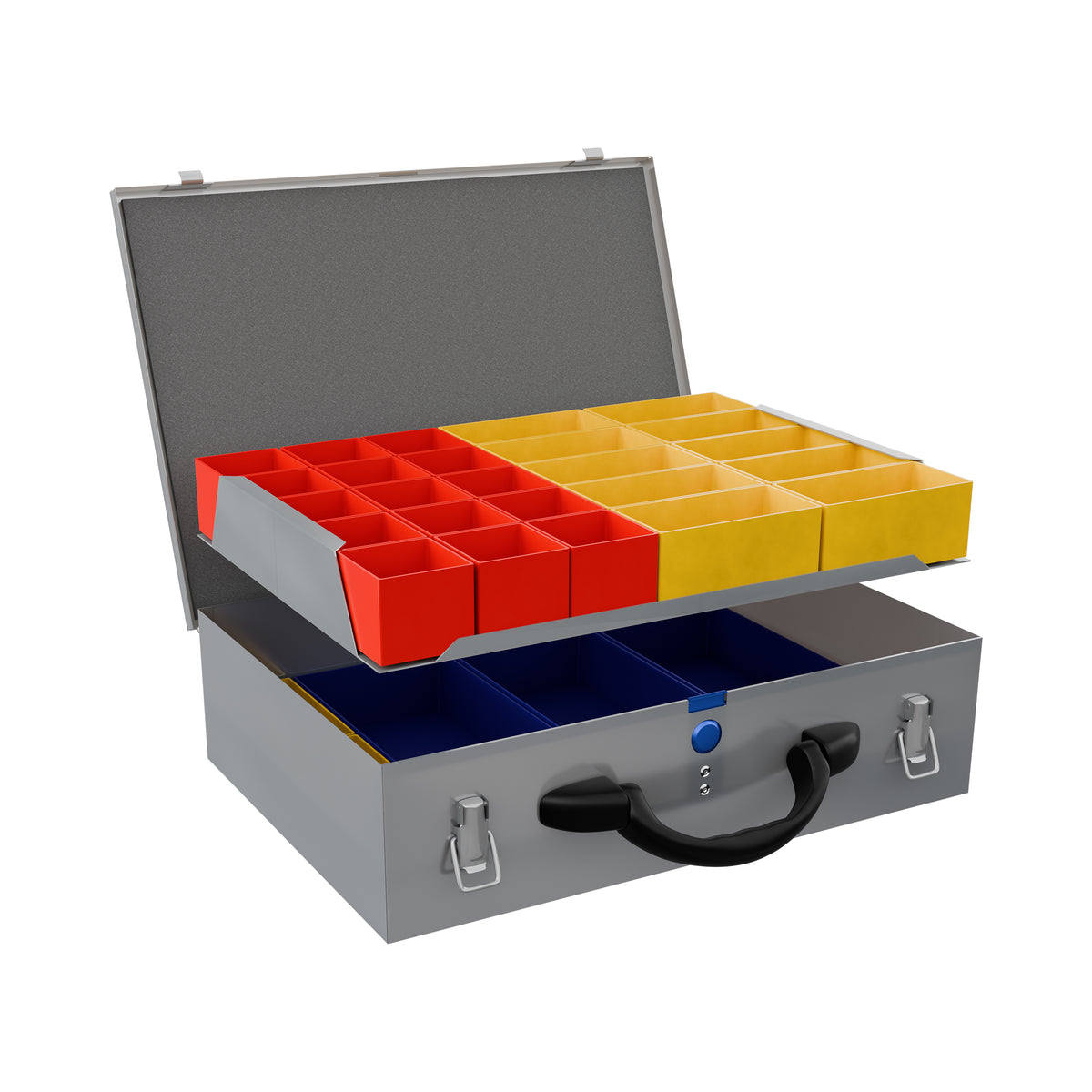 Sortacase Medium Double Silver Case, silver steel case shown open with a lift-out top tray of red and yellow compartments over a second blue-lined layer.