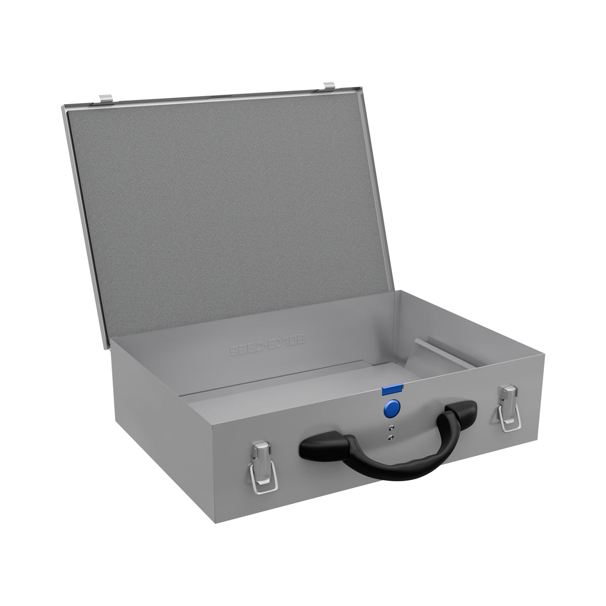Sortacase Medium Double Silver Case shown open and empty, a two-layer 2x45mm silver steel organiser case.