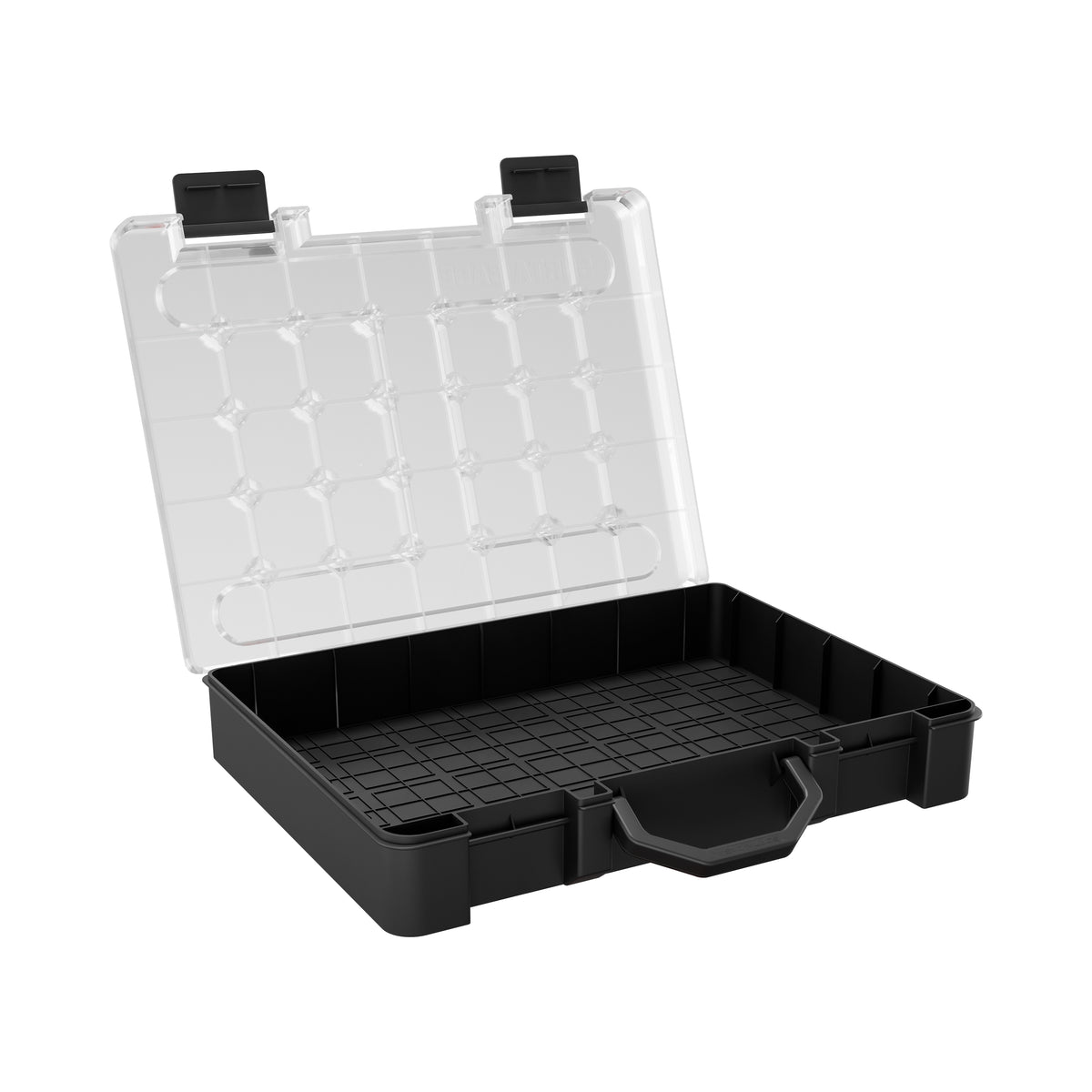 Sortacase Medium Plastic Case shown open and empty, a black 63mm deep plastic organiser case with a clear hinged lid.