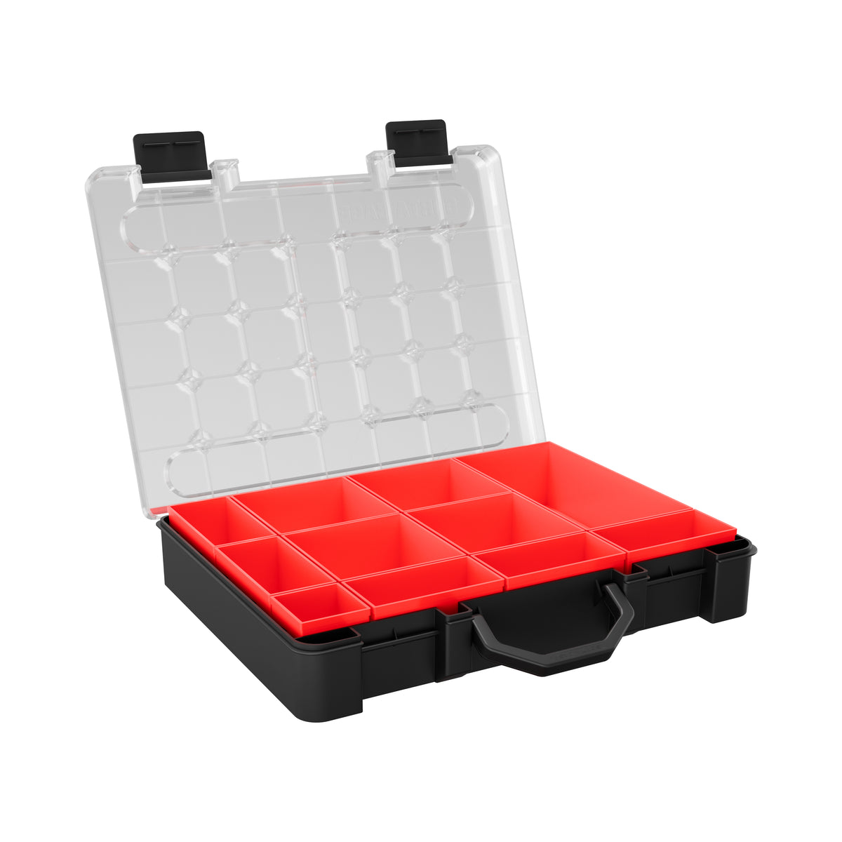 Sortacase Medium Plastic Case, black 63mm deep plastic organiser case with a clear lid and 11 removable red compartments.