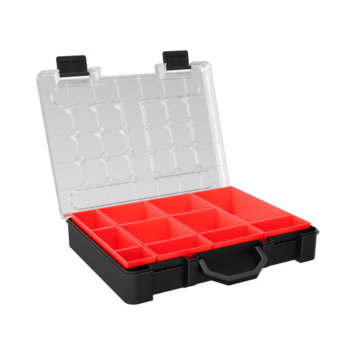Sortacase Medium Plastic Case, black 63mm deep plastic organiser case with a clear lid and 11 removable red compartments.
