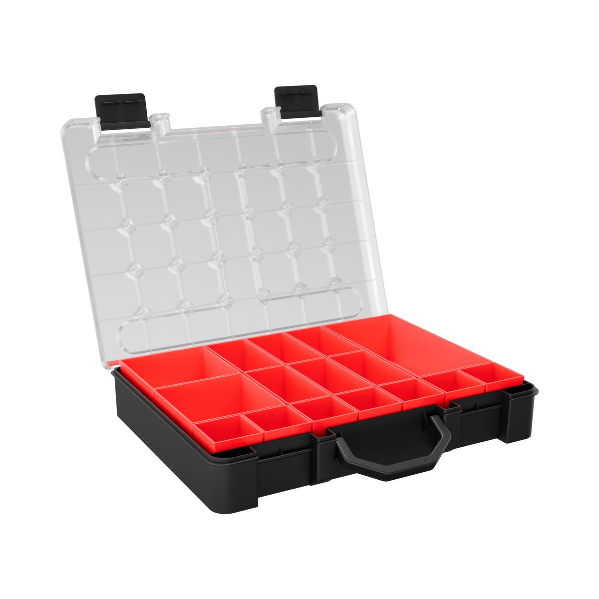 Sortacase Medium Plastic Case, black 63mm deep plastic organiser case with a clear lid and 16 removable red compartments.